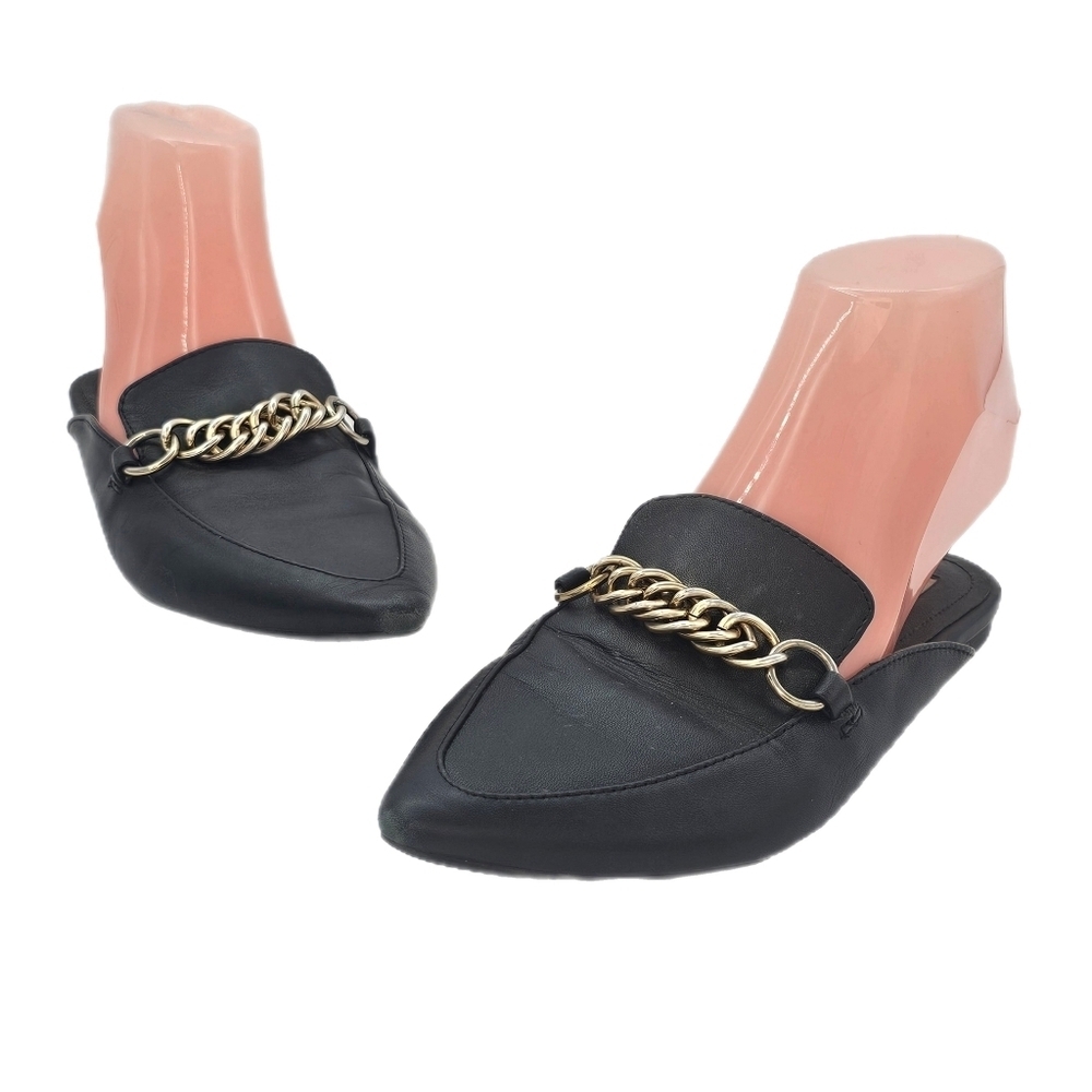 Steve Madden Faine Pointed Toe Mules Black Leather Gold Chain Size 7